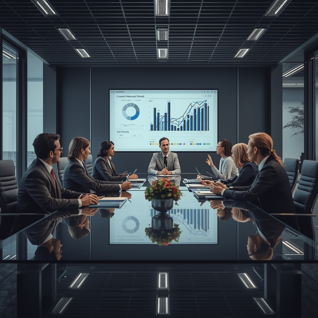 Generate an image of a sleek modern boardroom with diverse professionals analyzing data charts on a glass table, cinematic lighting, corporate setting. (no woman image)